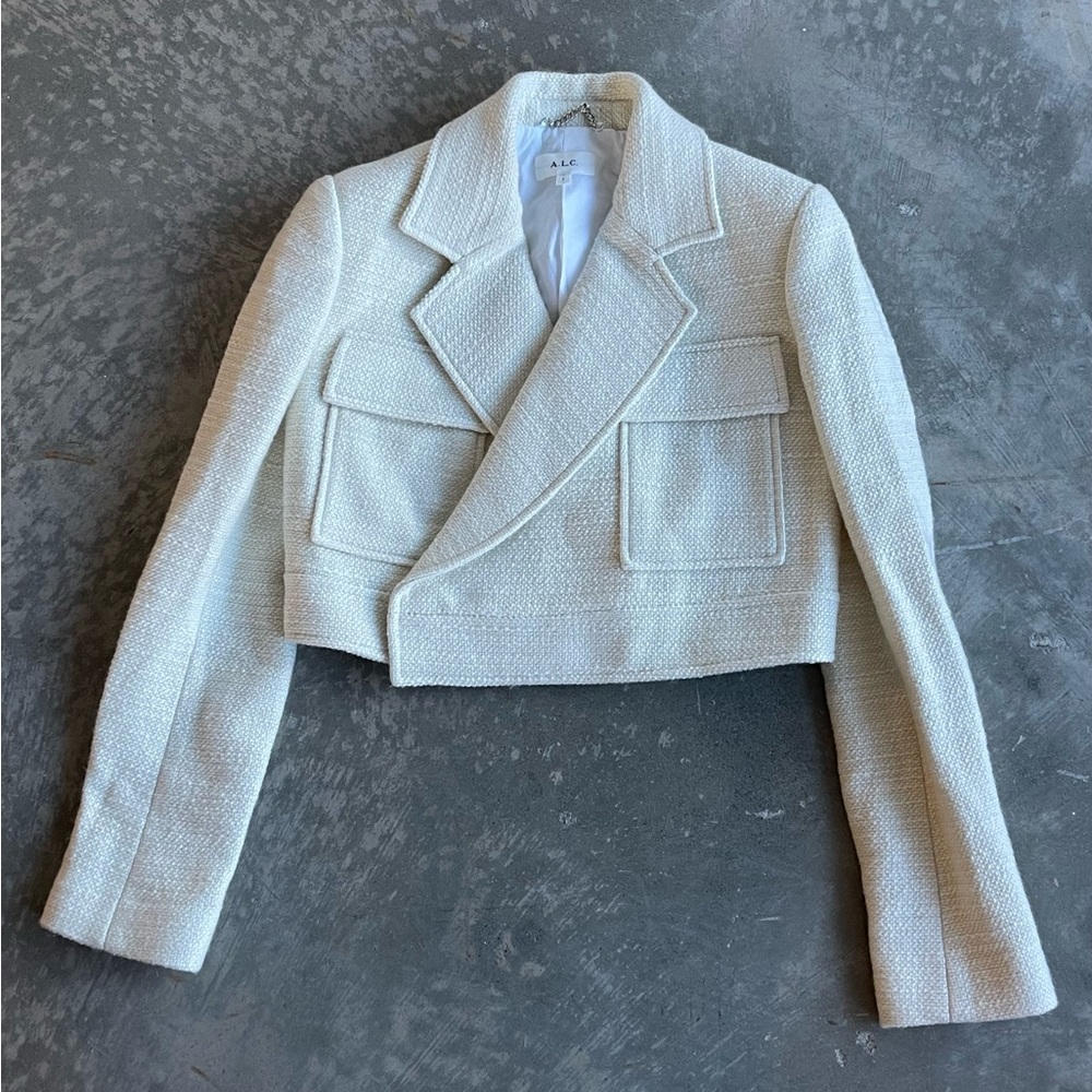 A.L.C. Cropped Blazer Tweed Jacket Pocketed Cream Size 2